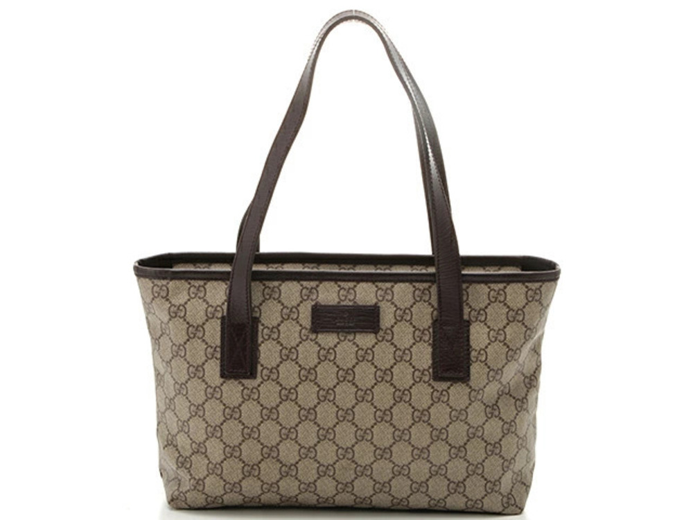 Gucci GG Supreme Tote Bag Beige Cream Dark Brown Leather